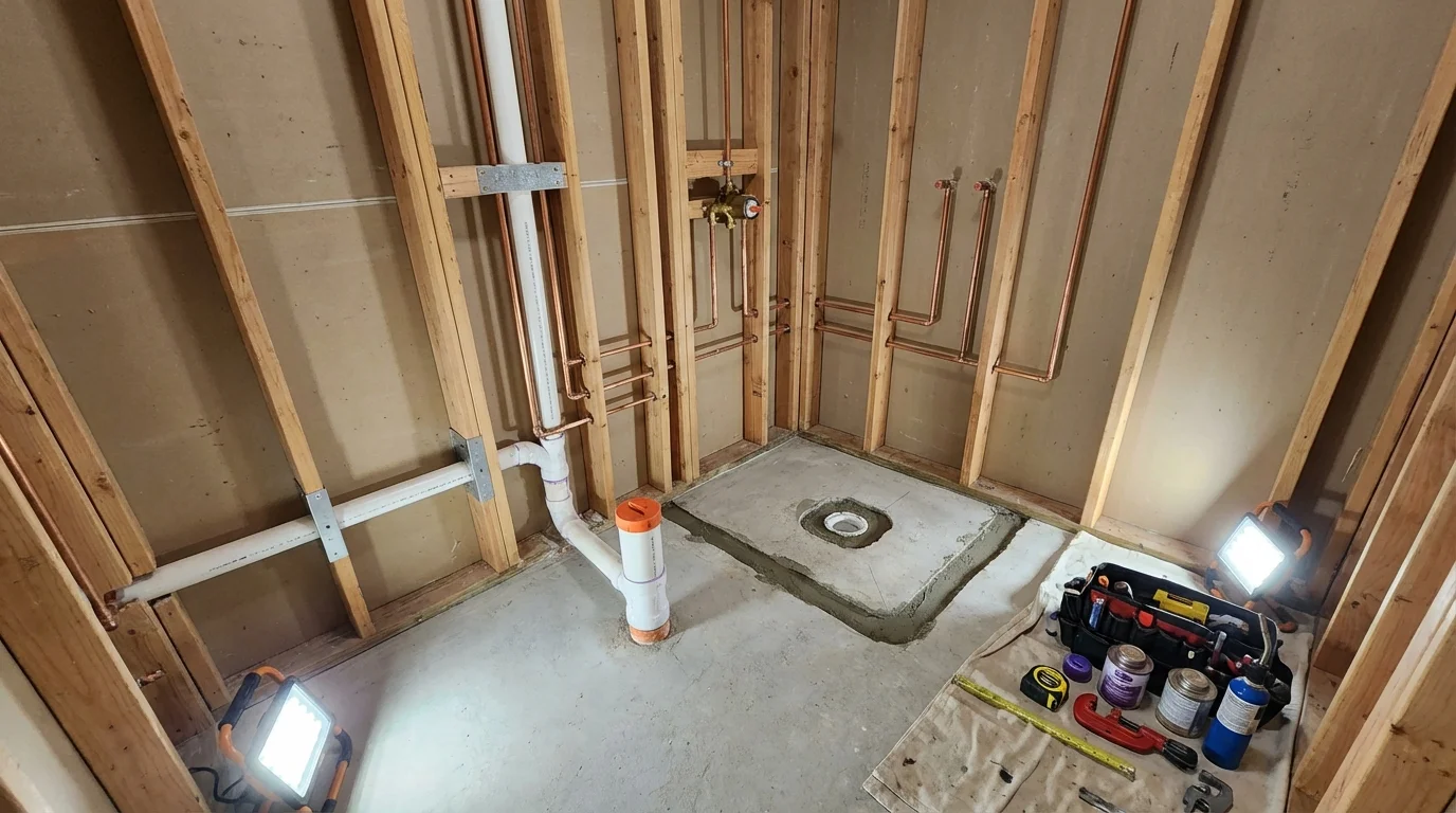 Bathroom rough-in plumbing during remodel by Johns Plumbing LLC in New Castle