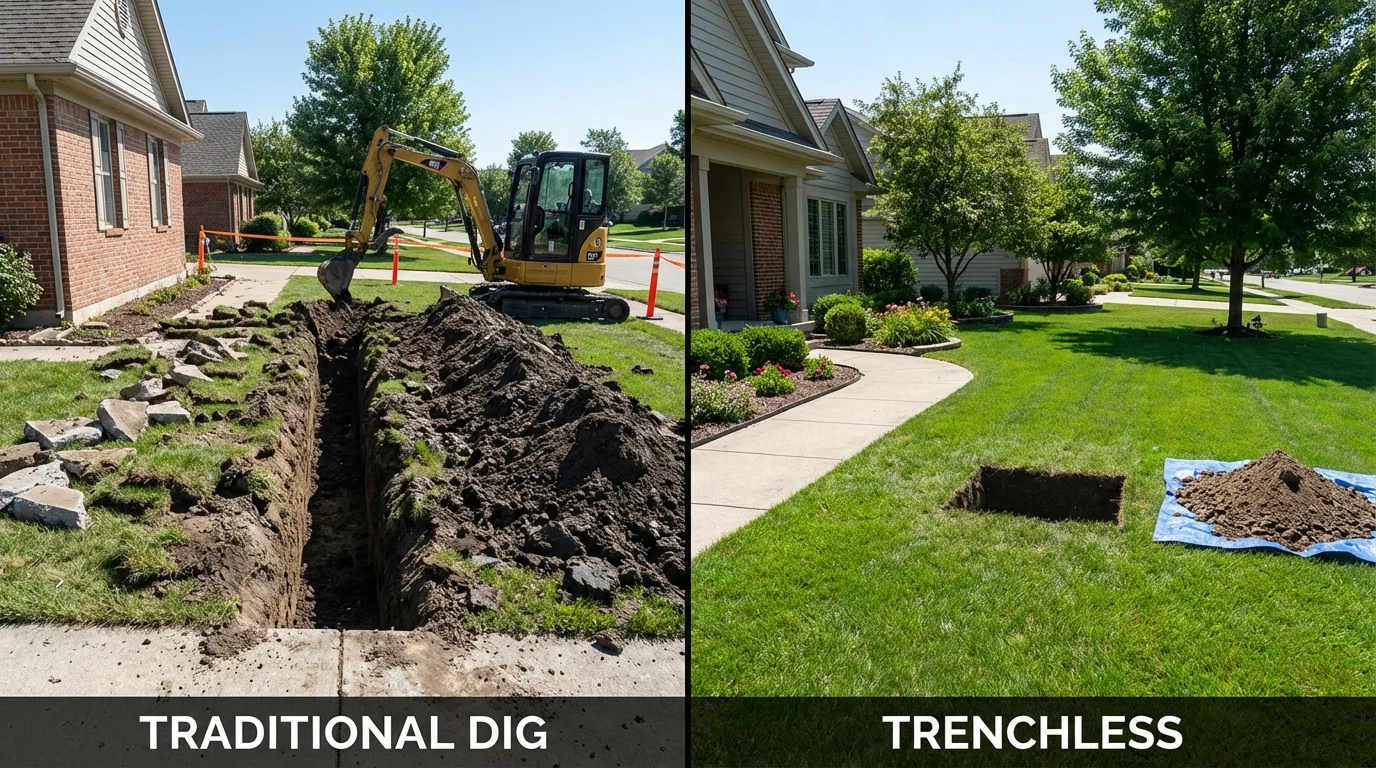 Trenchless sewer repair with minimal yard damage versus traditional excavation in New Castle, PA