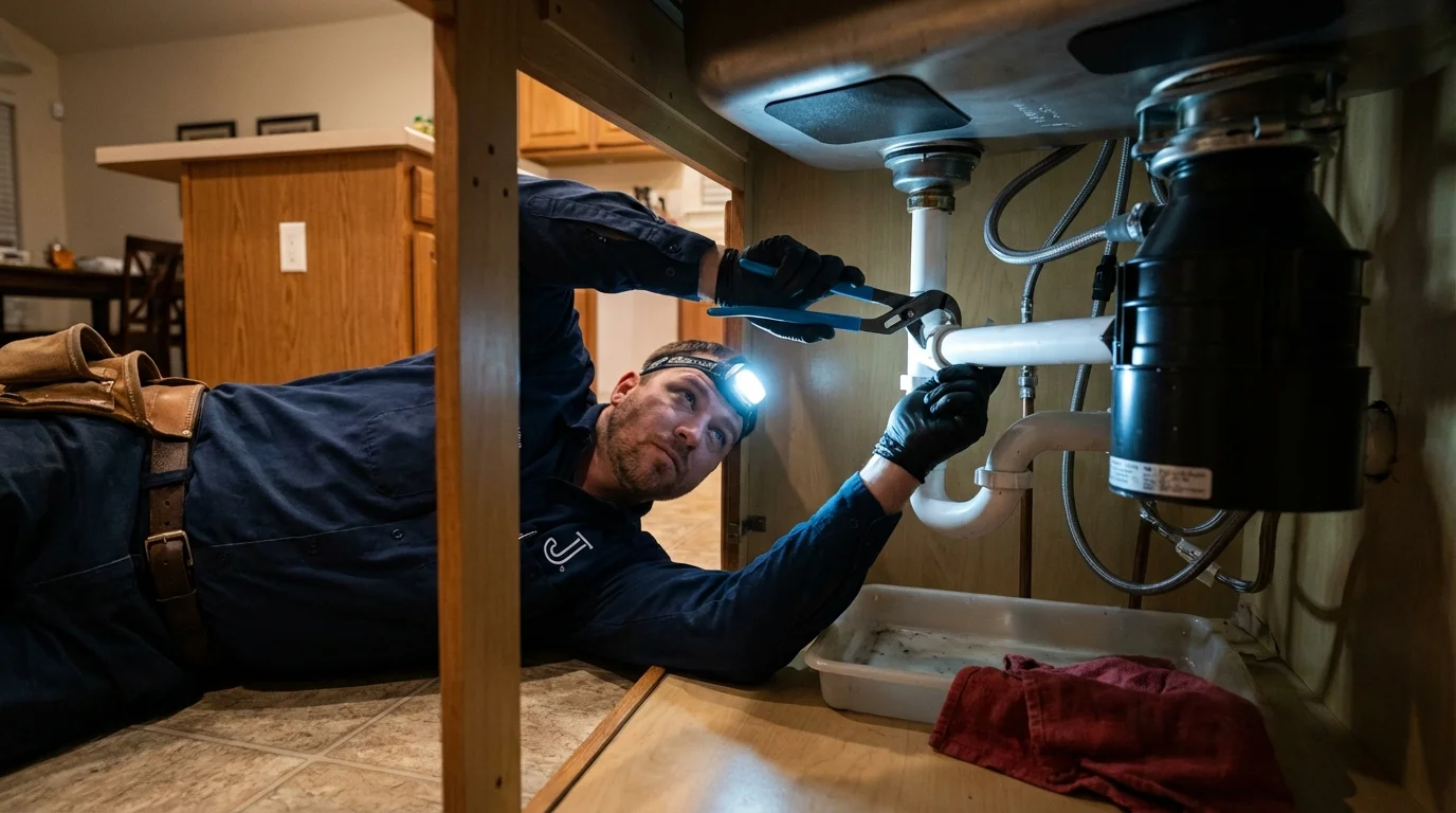 P-trap and supply line connections under a kitchen sink showing a common leak point in New Castle, PA